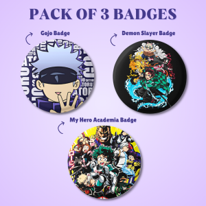 Pack of 3 Anime Badges – JJK Gojo + Demon Slayer + My Hero Academia