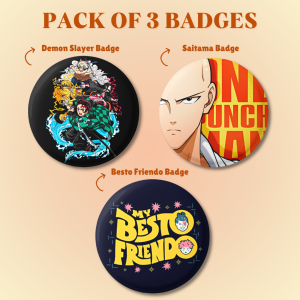 Pack of 3 Anime Badges – Saitama + Demon Slayer + Besto Friendo