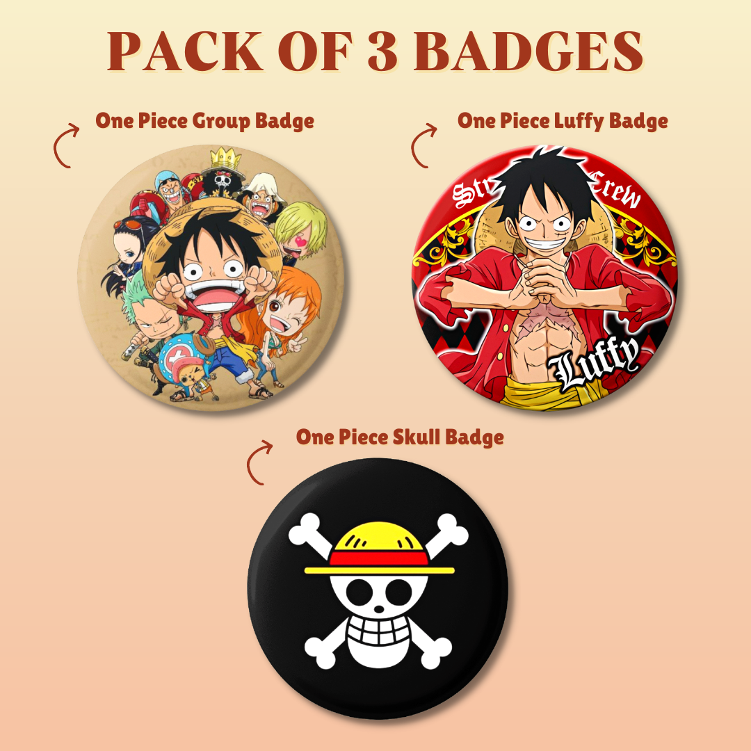 One Piece – Pack of 3 Badges – OP Group + Luffy + OP Skull