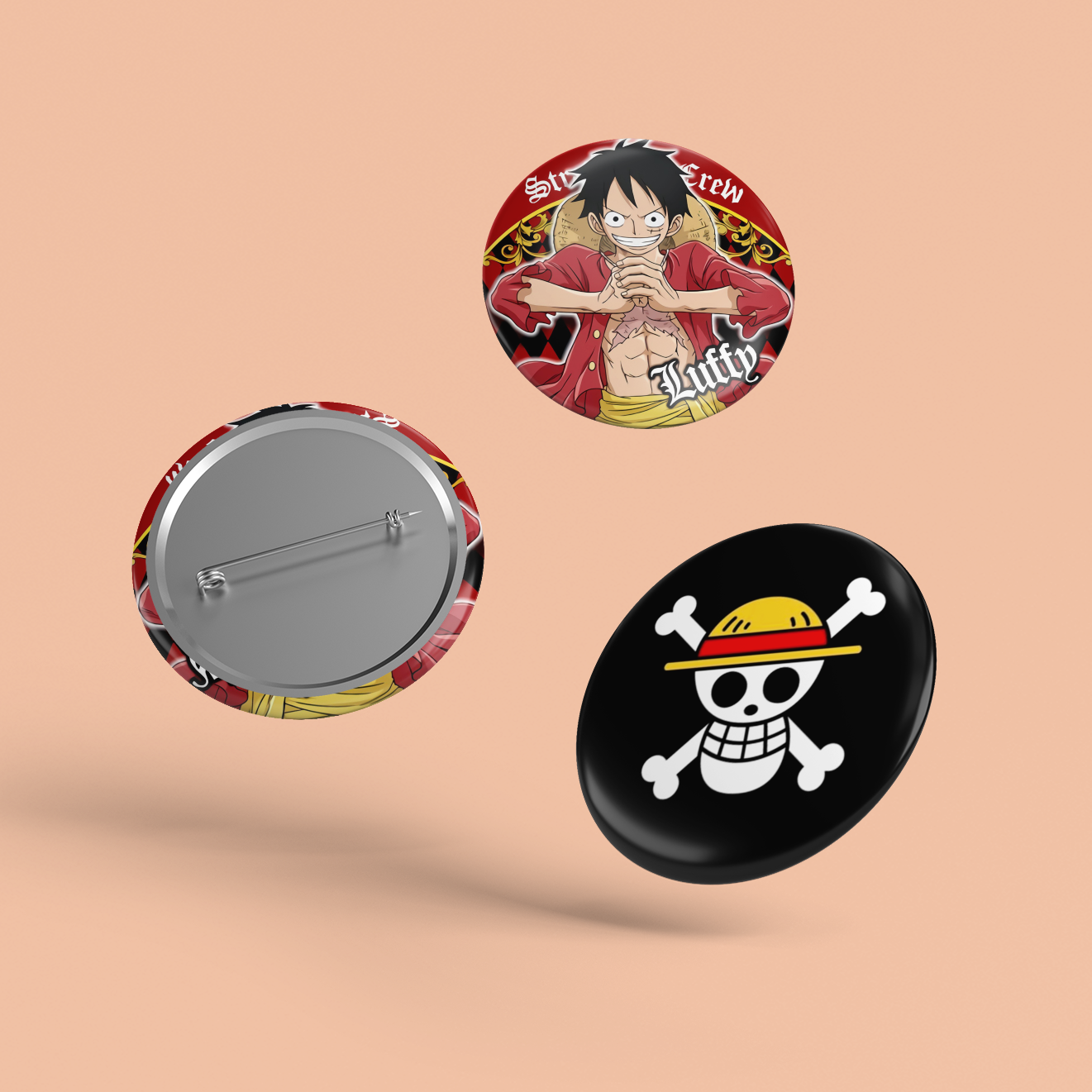 One Piece – Pack of 3 Badges – OP Group + Luffy + OP Skull